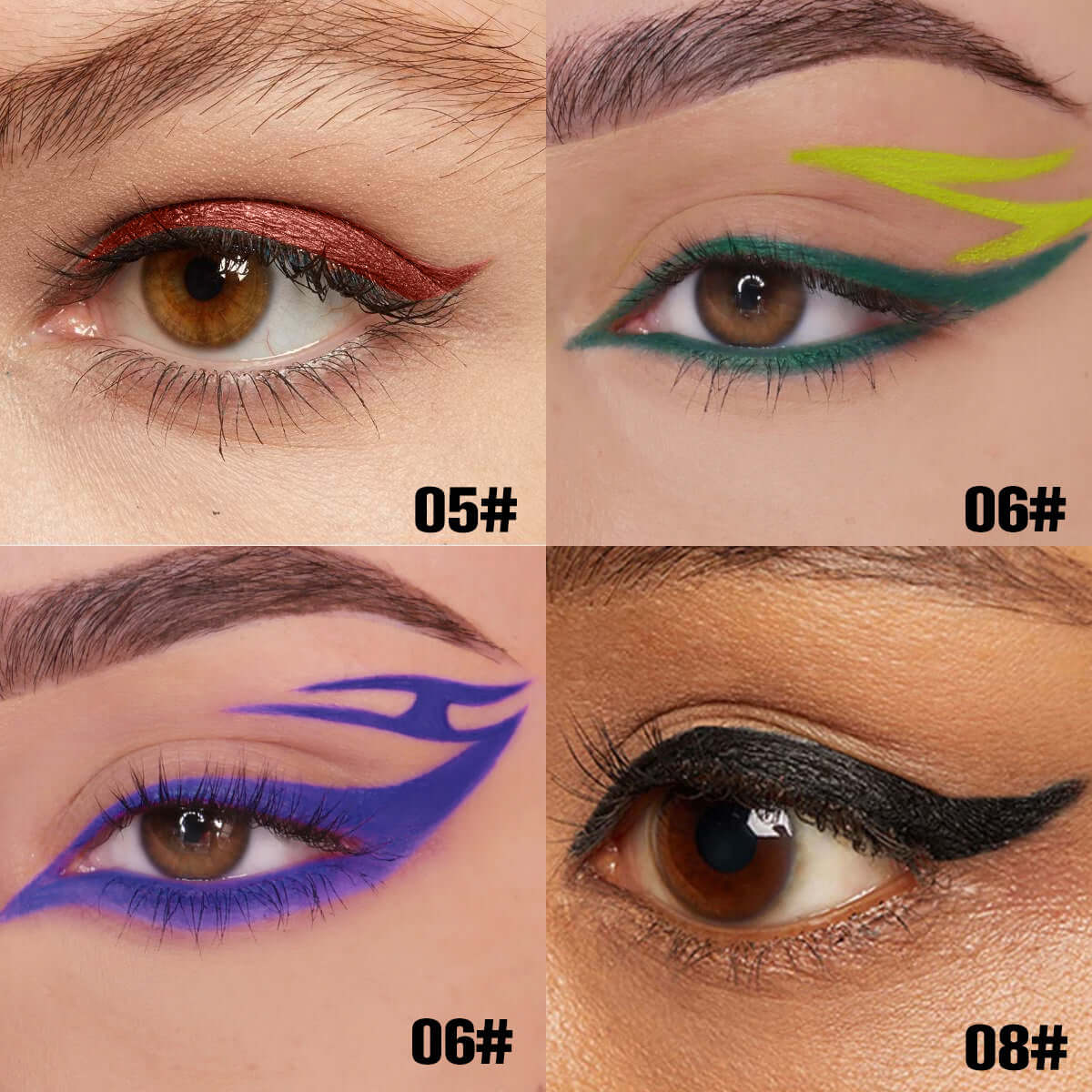 Close-up of four eye makeup styles using PHOFAY colorful eyeliners in vibrant shades, showcasing creativity and boldness.