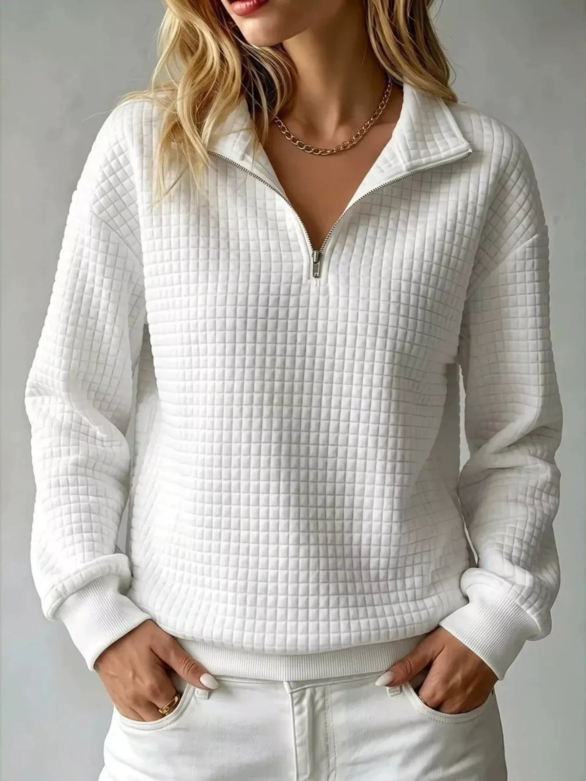 Waffle Knit Quarter-Zip Sweatshirt | Hallebeauty