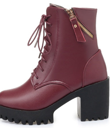 Women’s Genuine Leather High Heel Army Boots - Wool-Lined Ankle Boots