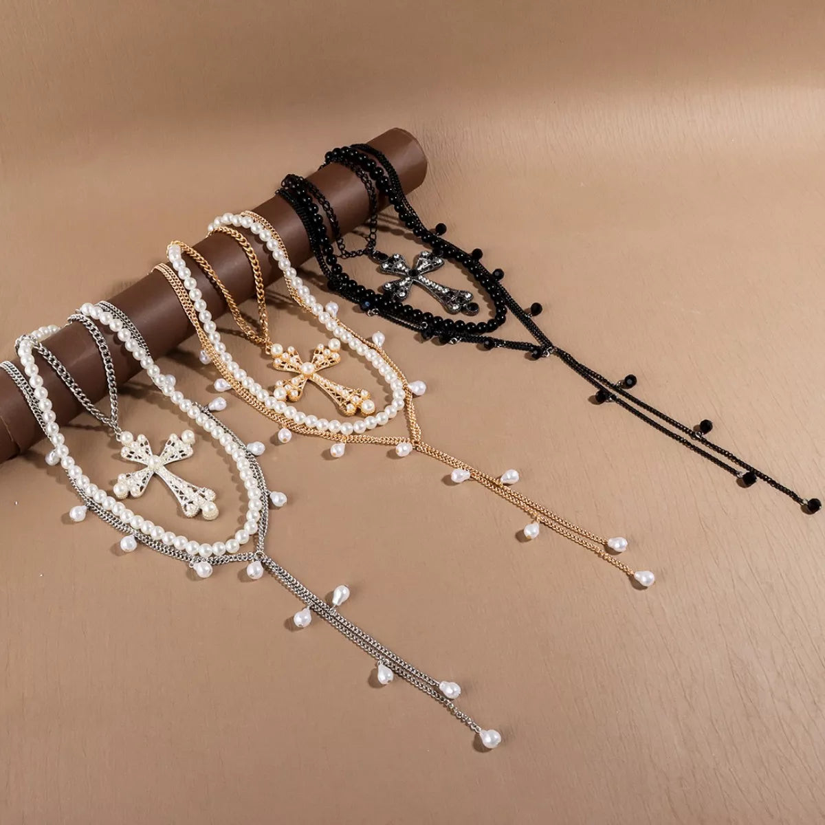 Pearl Cross Pendant Necklace 3-Piece Set | Hallebeauty