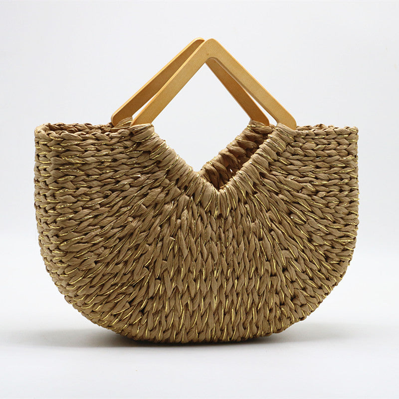 Straw Moon Bag with Wooden Handle - Handcrafted Elegance