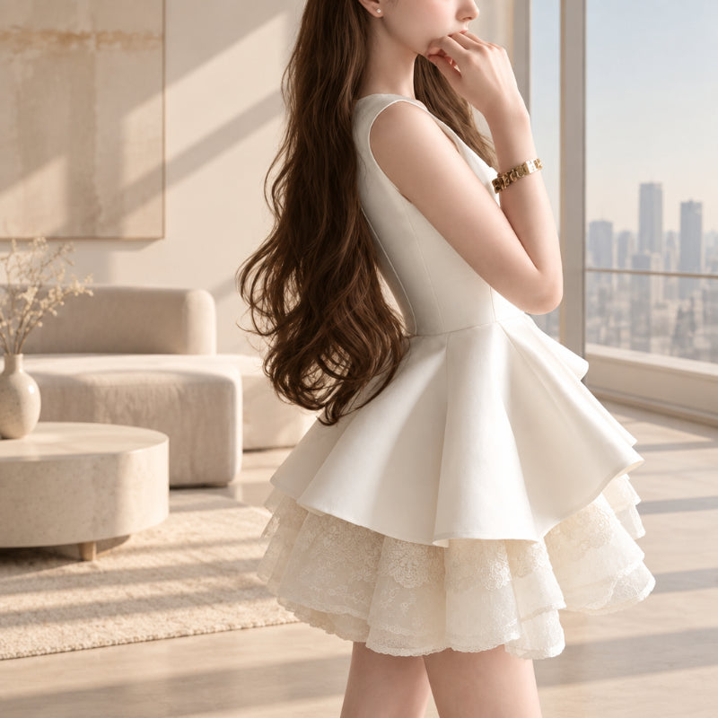 Moon-White Linen Layered Dress | Hallebeauty