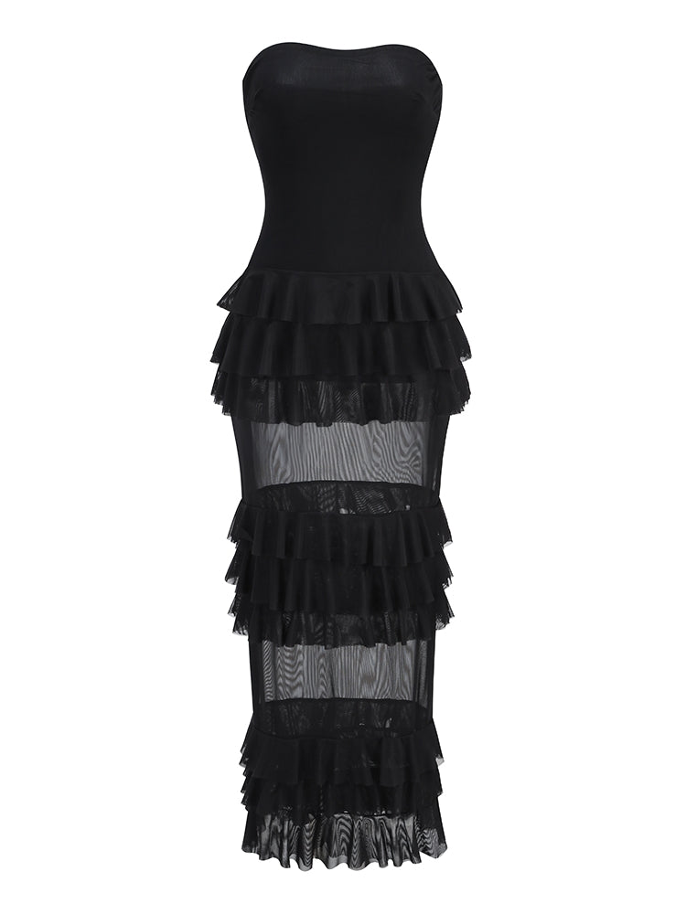 Strapless Ruffled Black Maxi Dress – Elegant & Bold