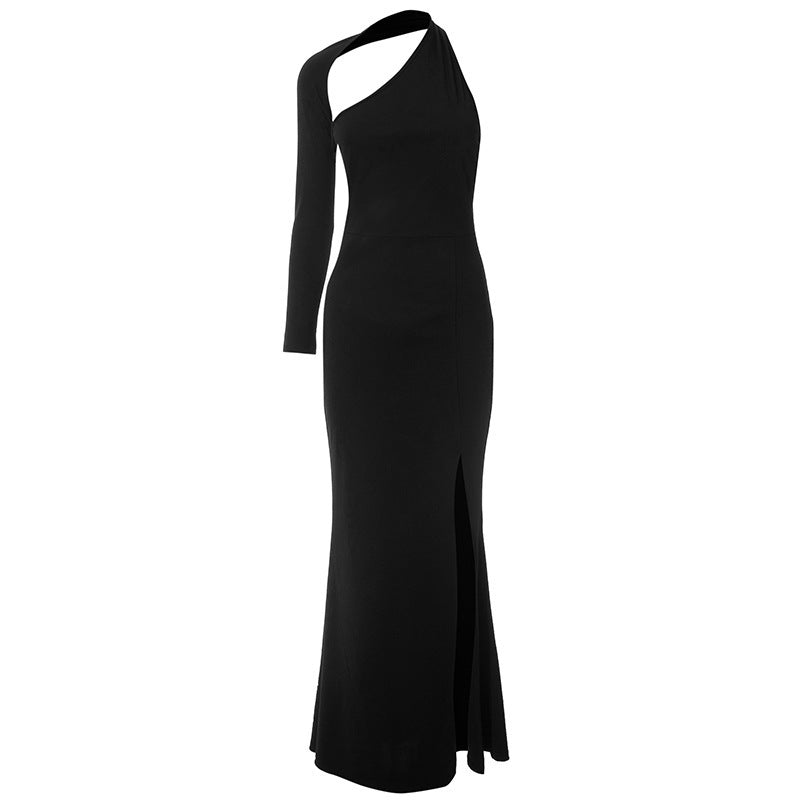 Women's Slim Shoulder Slit Dress - Fashionable Evening Wear
