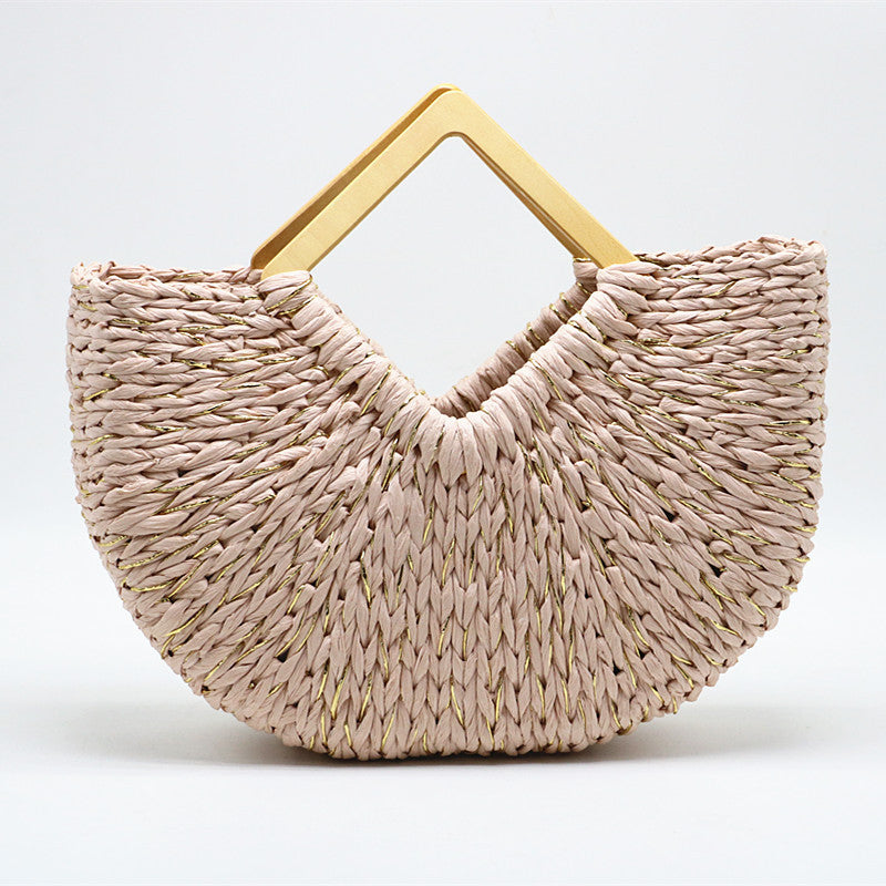 Straw Moon Bag with Wooden Handle - Handcrafted Elegance