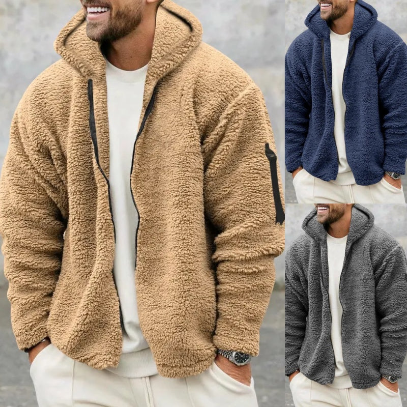 Men’s Plush Hooded Fleece Jacket - Double-Sided Wear Warm Casual Coat