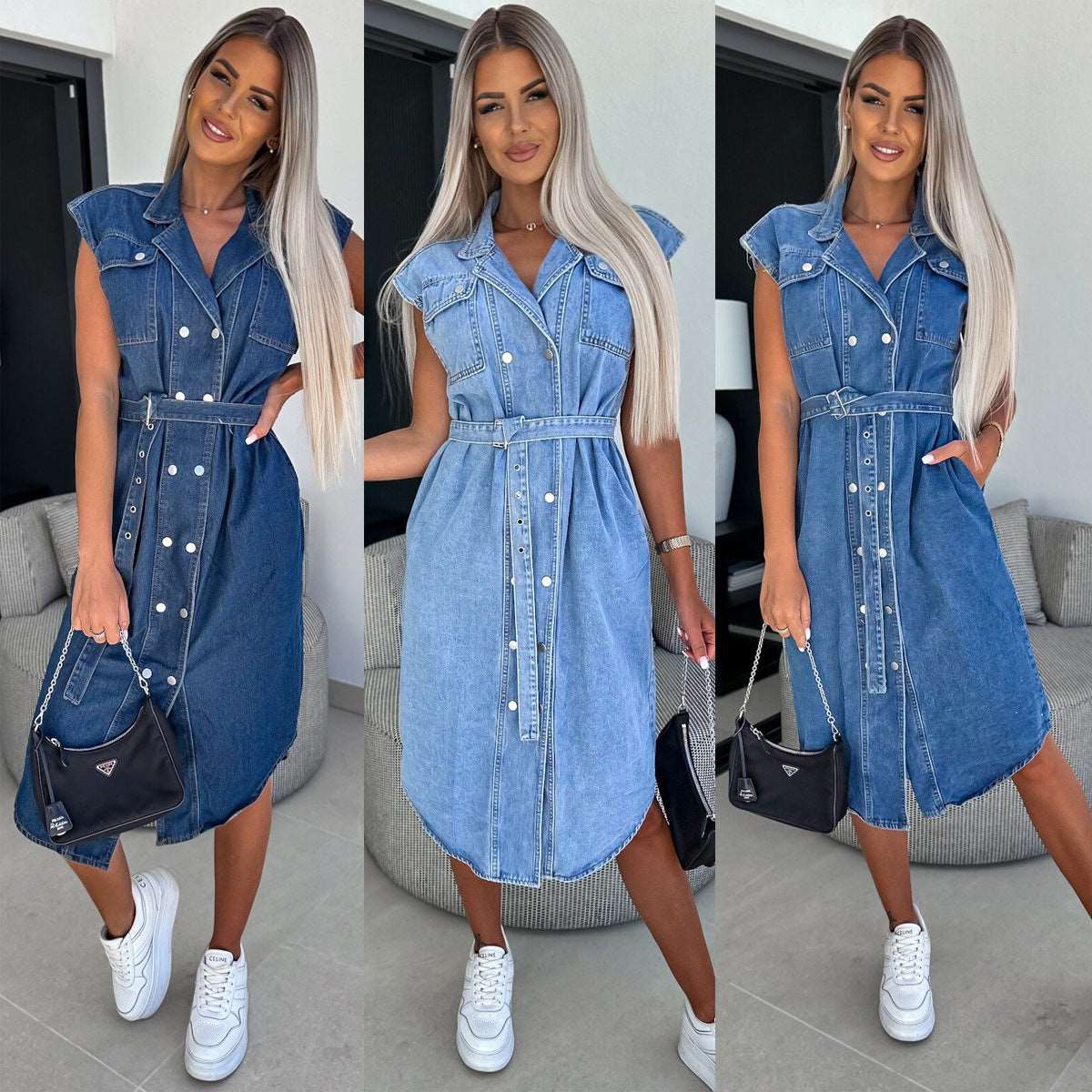 DenimLace - Chic Sleeveless Polo Denim Dress