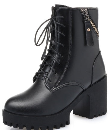 Women’s Genuine Leather High Heel Army Boots - Wool-Lined Ankle Boots