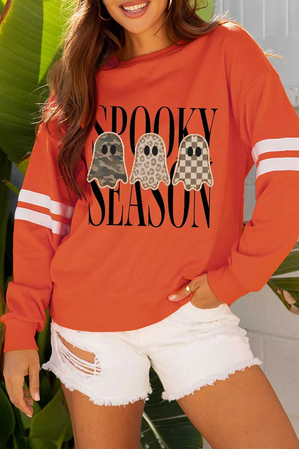 Spooky Season Ghost Striped Sleeve Sweatshirt | Hallebeauty