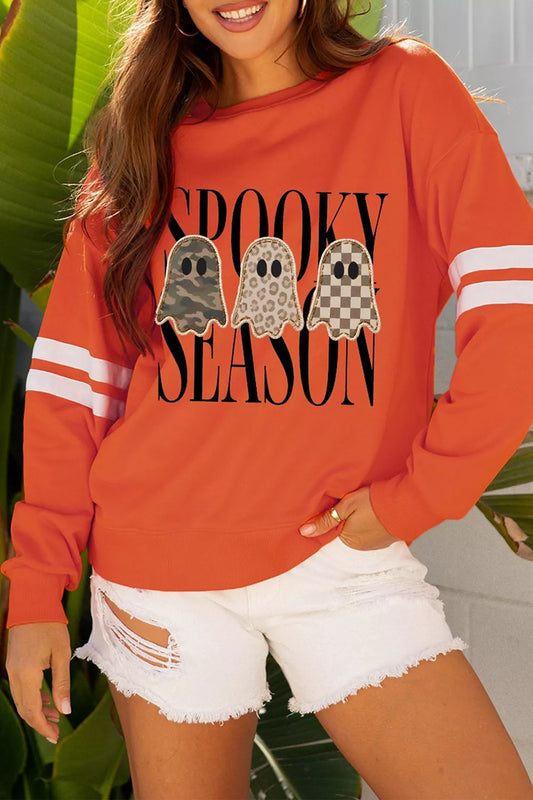 Spooky Season Ghost Striped Sleeve Sweatshirt | Hallebeauty
