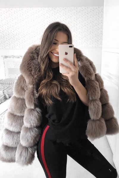 Hooded Faux Rabbit Fur Coat - Long Sleeve Winter Jacket