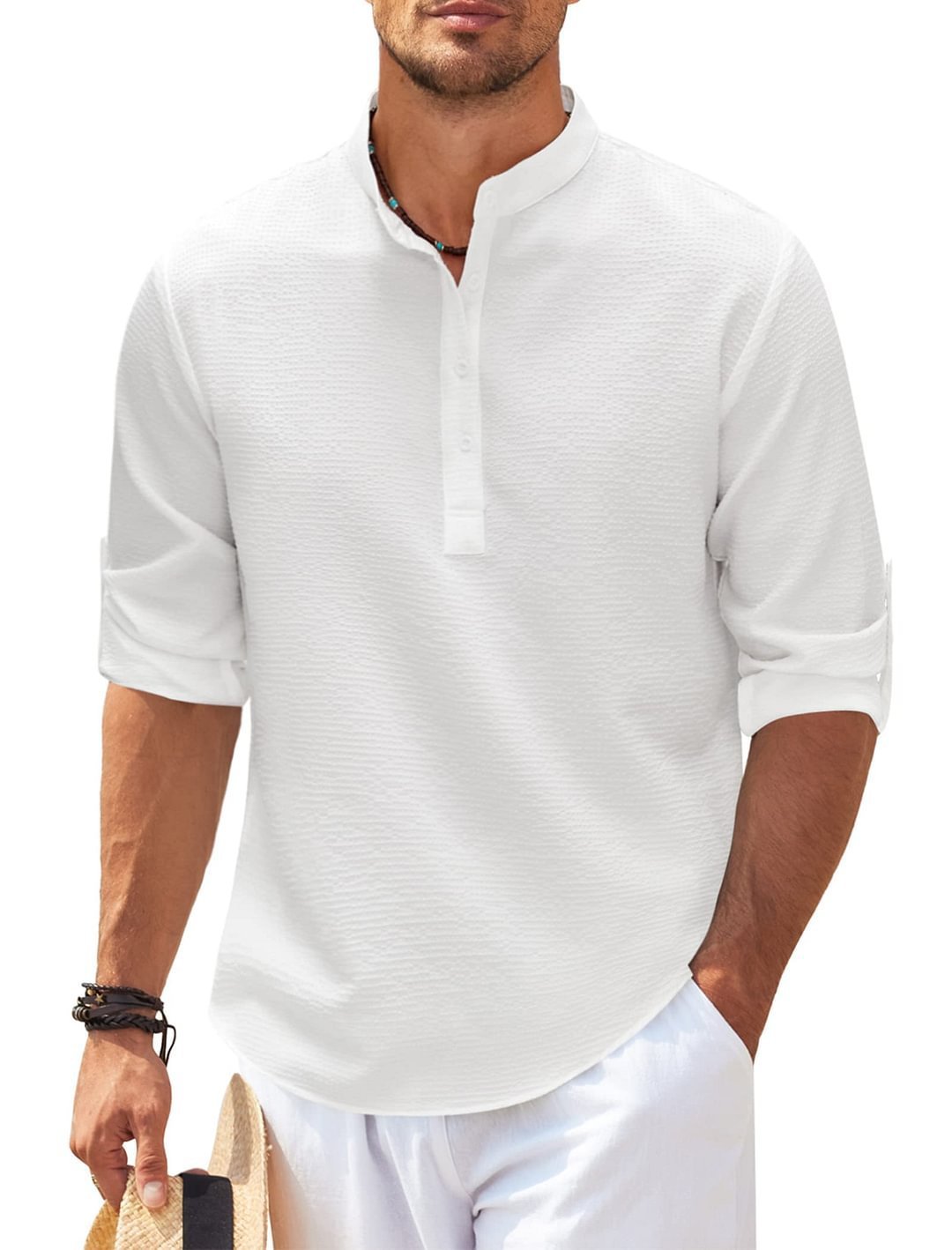 Men's Stand Collar Shirt - Casual Solid Color Long Sleeve
