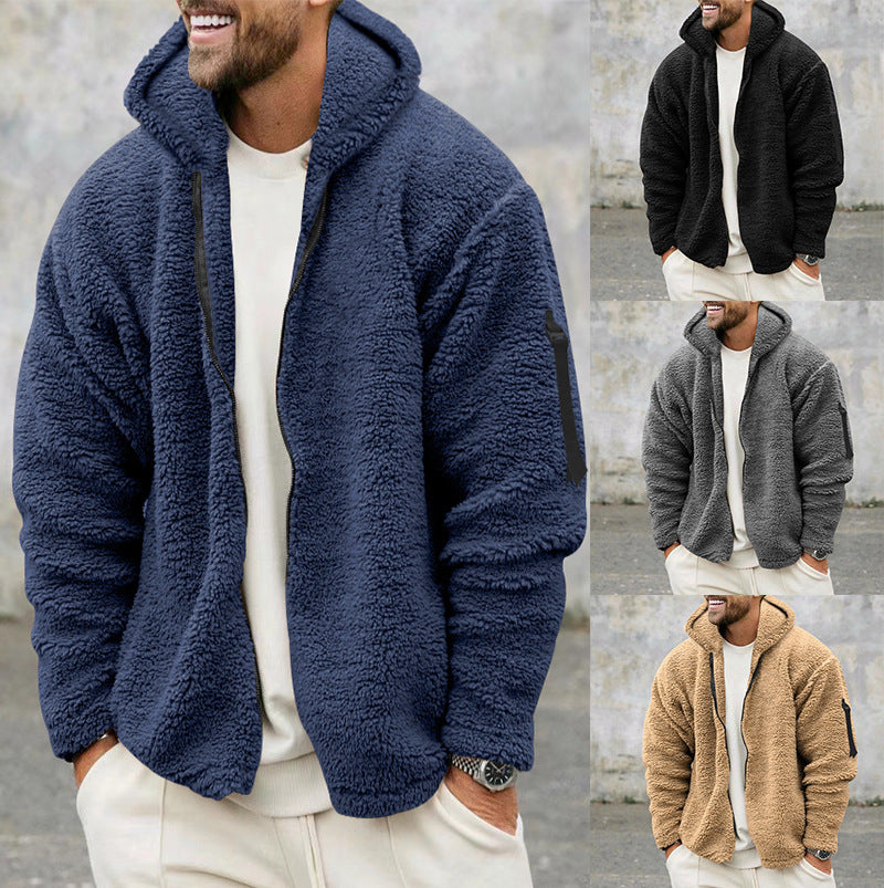 Men’s Plush Hooded Fleece Jacket - Double-Sided Wear Warm Casual Coat