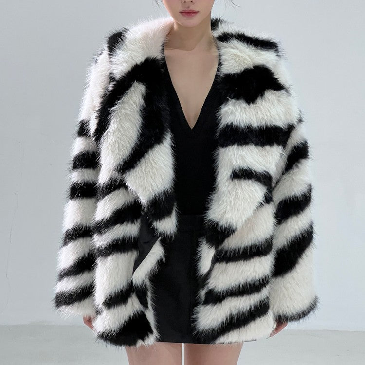 Short Green Zebra Print Fur Jacket