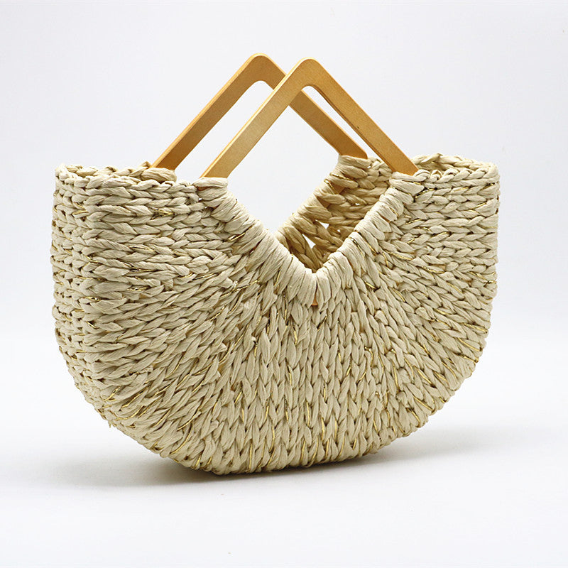 Straw Moon Bag with Wooden Handle - Handcrafted Elegance