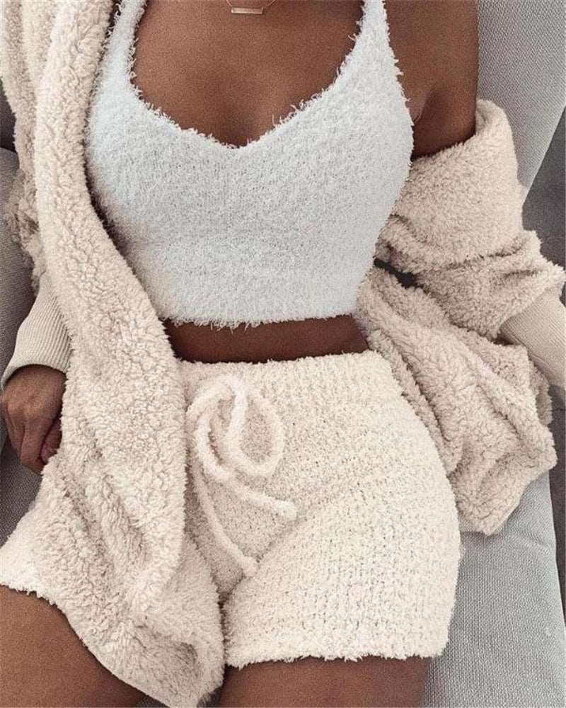 3-Piece Women's Pajama Set | Long Sleeve Crop Top & Drawstring Shorts