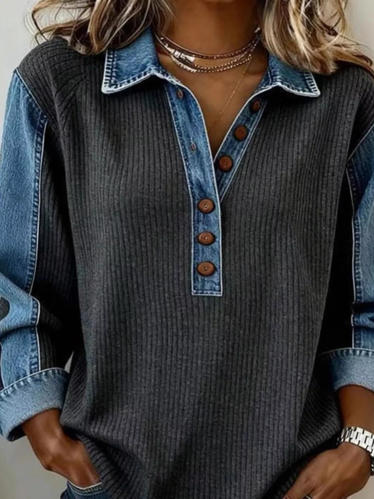 Denim Trim Button Sweatshirt | Hallebeauty