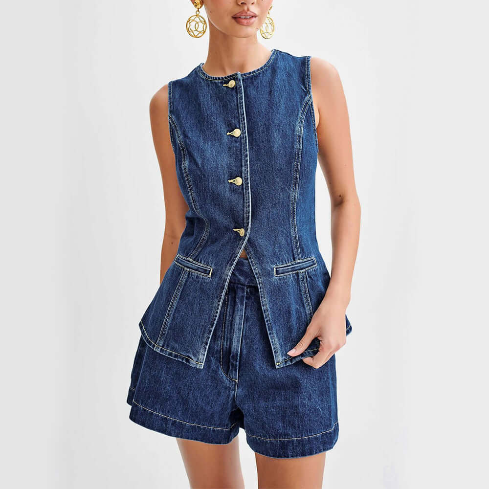 Casual Denim Vest and High Waist Shorts Set