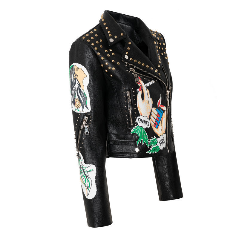 Women's Short Leather Jacket - Fashion Print Rivet Design