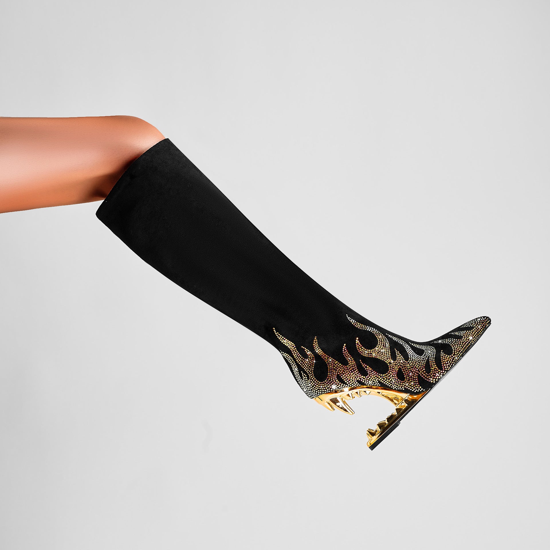 FireStride - Rhinestone Flame Tiger Tooth Heel Boots
