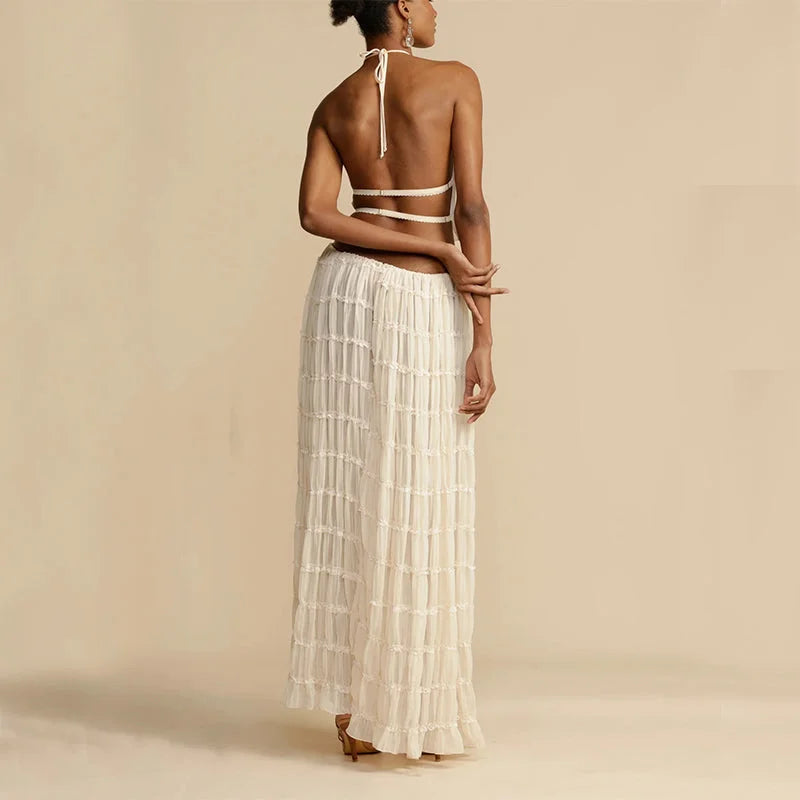 2pcs Women's Dress Suit: Sexy Backless Halter Top & Pleated Long Skirt - HalleBeauty
