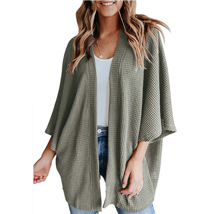 Bat Sleeve Waffle Knit Women's Cardigan | Stylish & Cozy Layering Piece