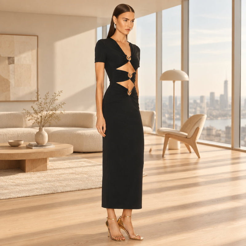 Black Short-Sleeve Maxi Dress with Zipper Detail | Hallebeauty