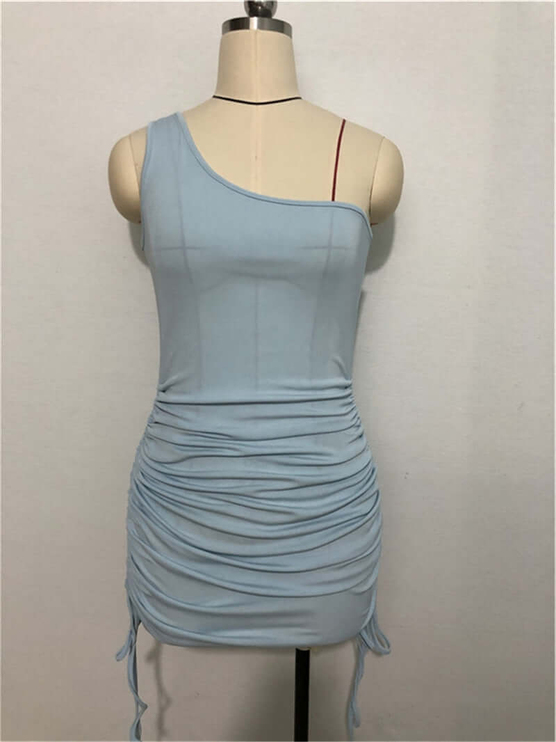 One-Shoulder Double Drawstring Knitted Sleeveless Dress