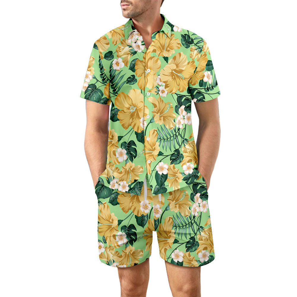 Printed Summer Beach Suit for Men - Loose Lapel Shirt and Pocket Shorts