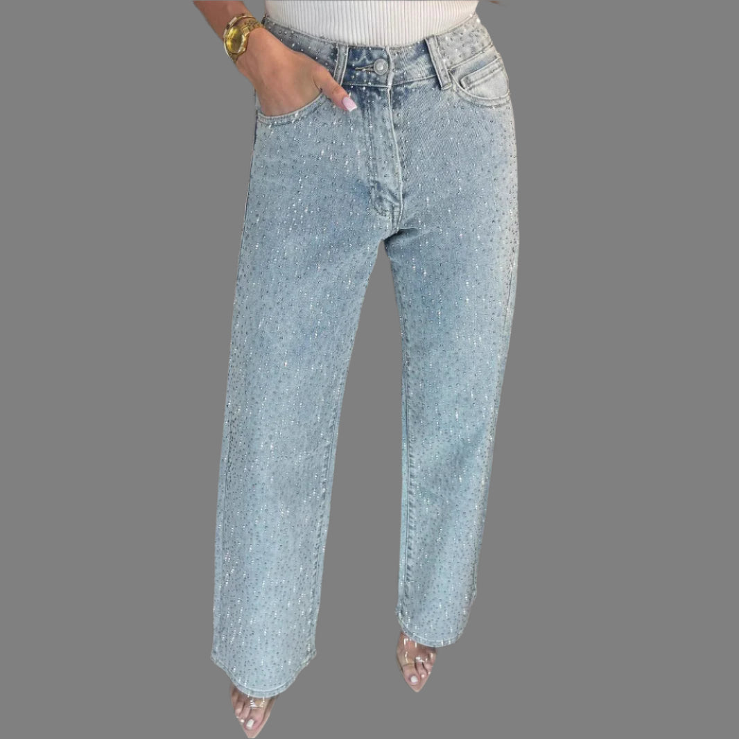 Diamond-Distressed Straight Leg Jeans – High Waist Vintage Denim