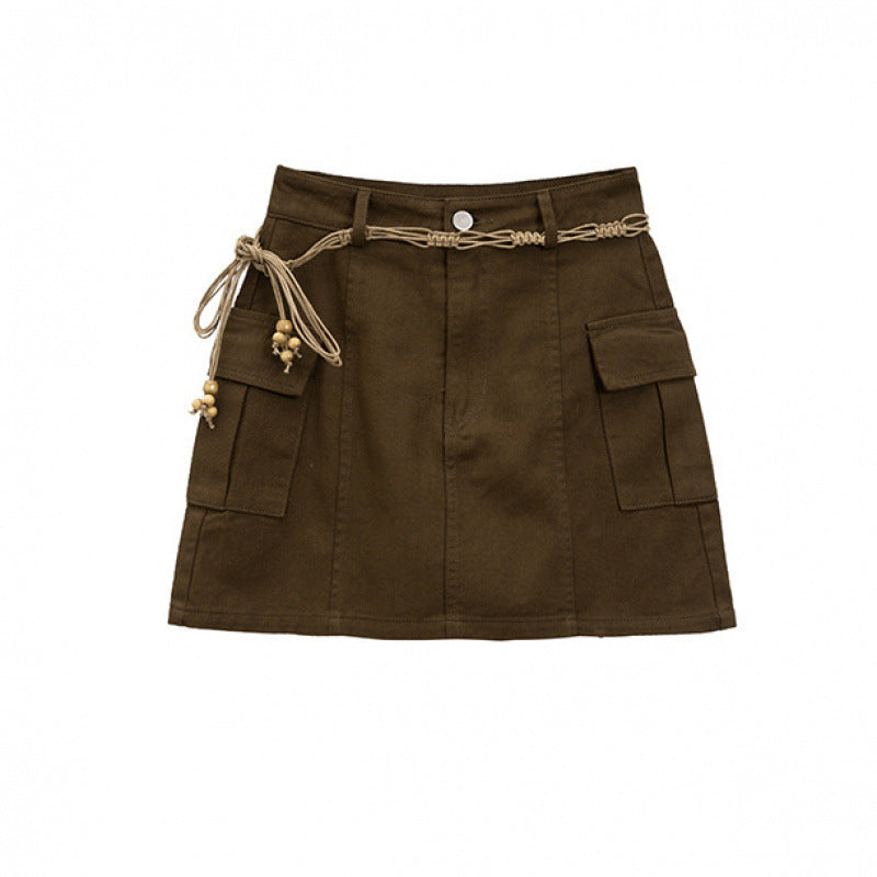 Brown Lace-Up A-Line Skirt with Belt | Hallebeauty