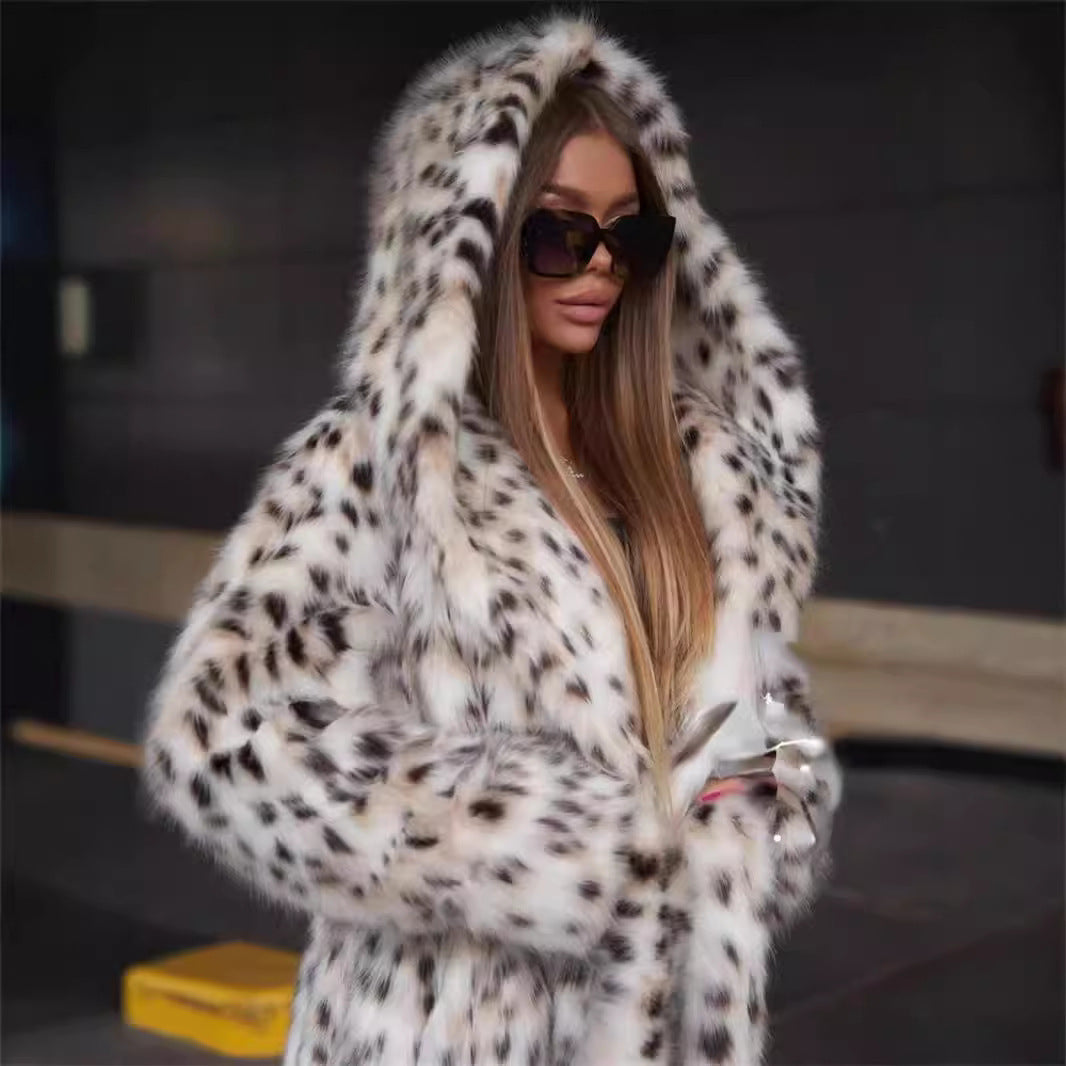 Leopard Print Hooded Mink Velvet Trench Coat - Long, Thick & Warm