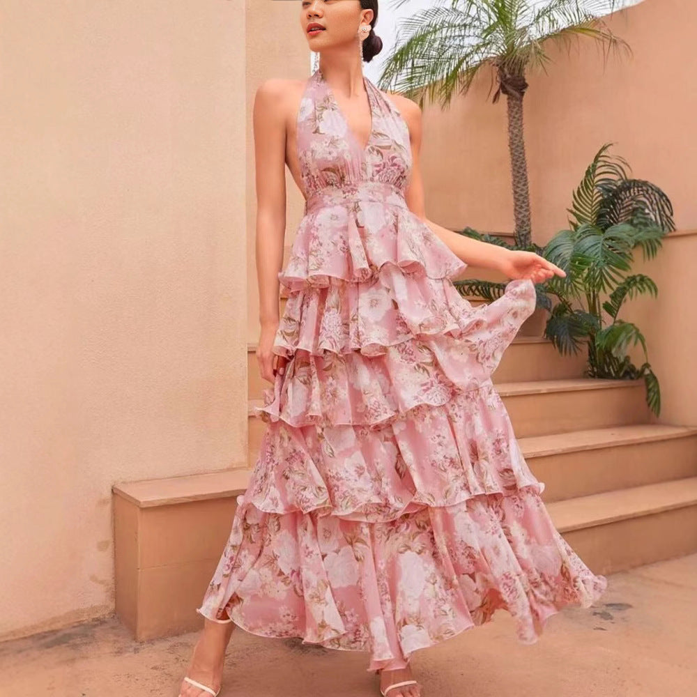 Women's Floral Halter Neck Chiffon Dress | S–XL