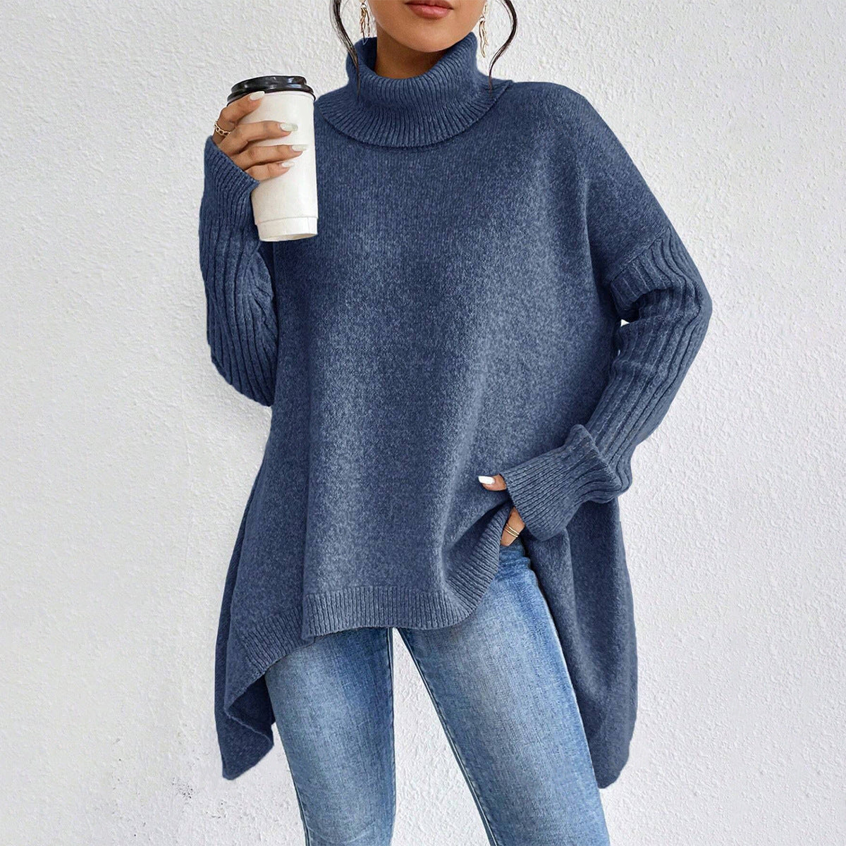 Loose-Fit Irregular Turtleneck Sweater | Hallebeauty