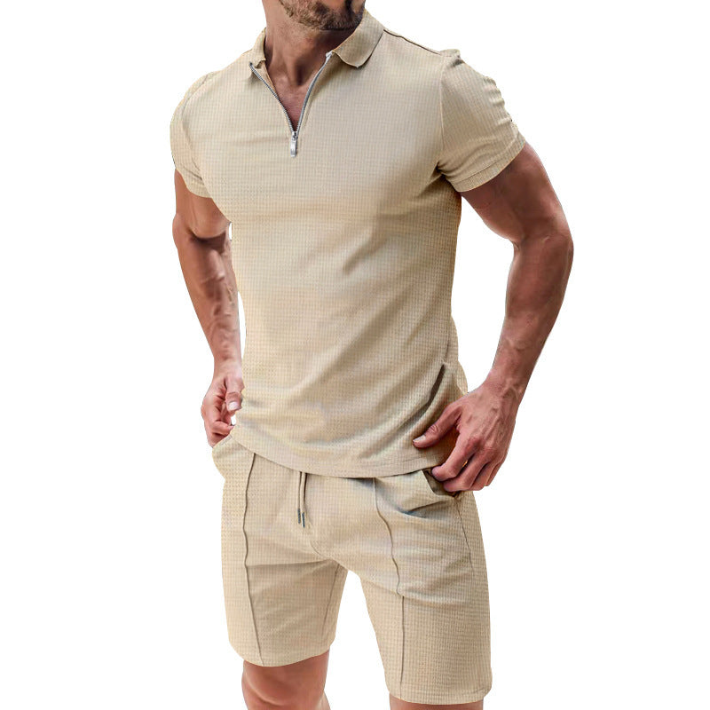 Casual Waffle T-Shirt Set for Men - Short Sleeve Zipper Lapel and Pocket Shorts