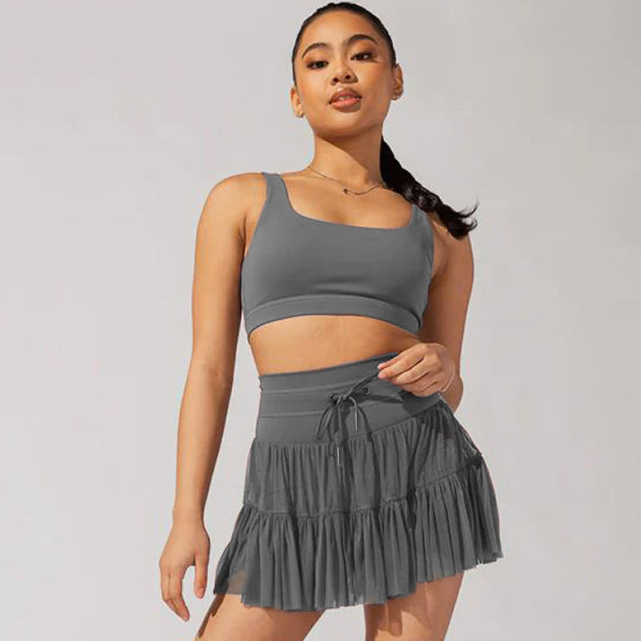 High Waist Lace-Up Sports Skirt with Safety Pants