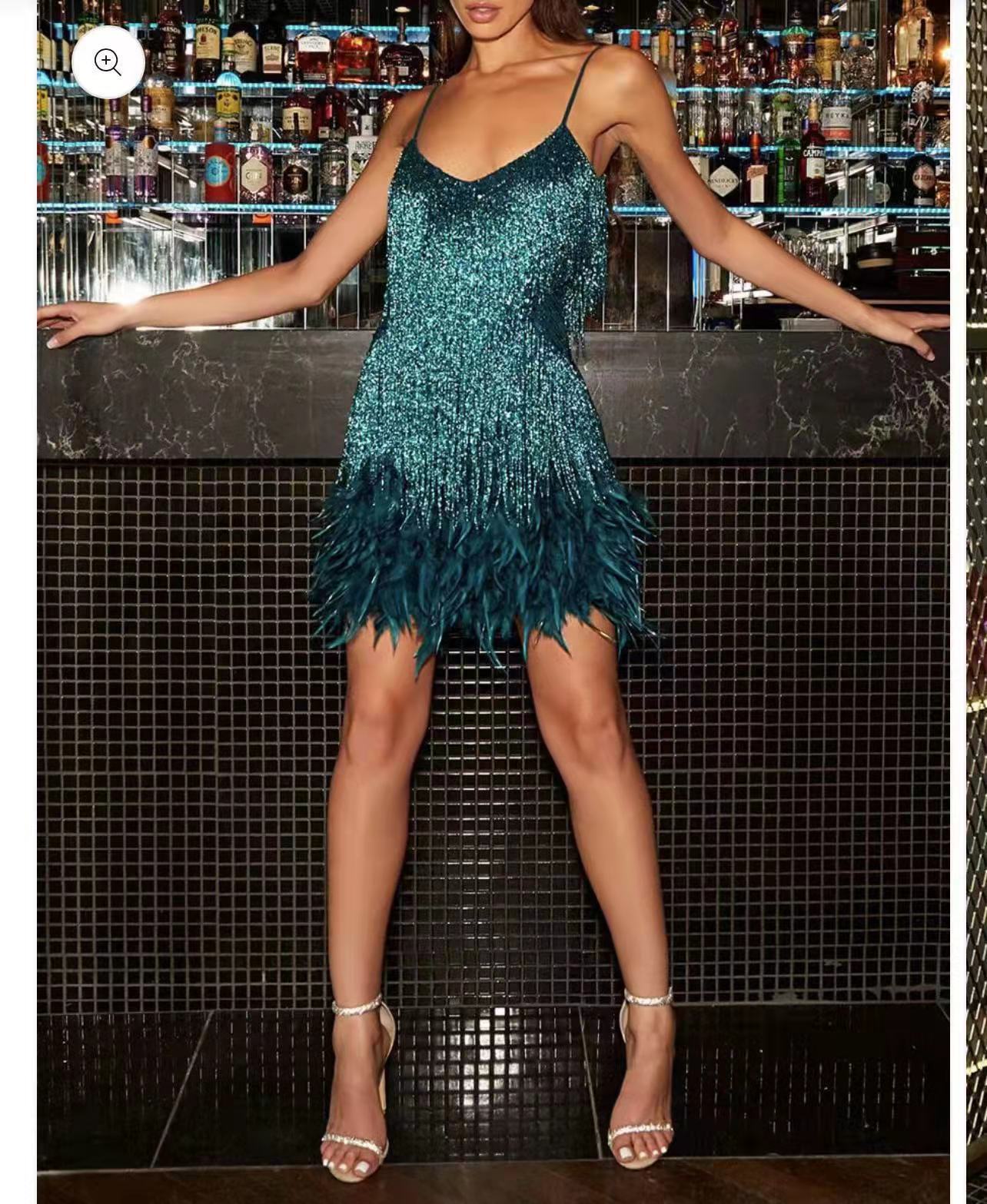 Tassel Sequins Feather Stitching Dress - HalleBeauty