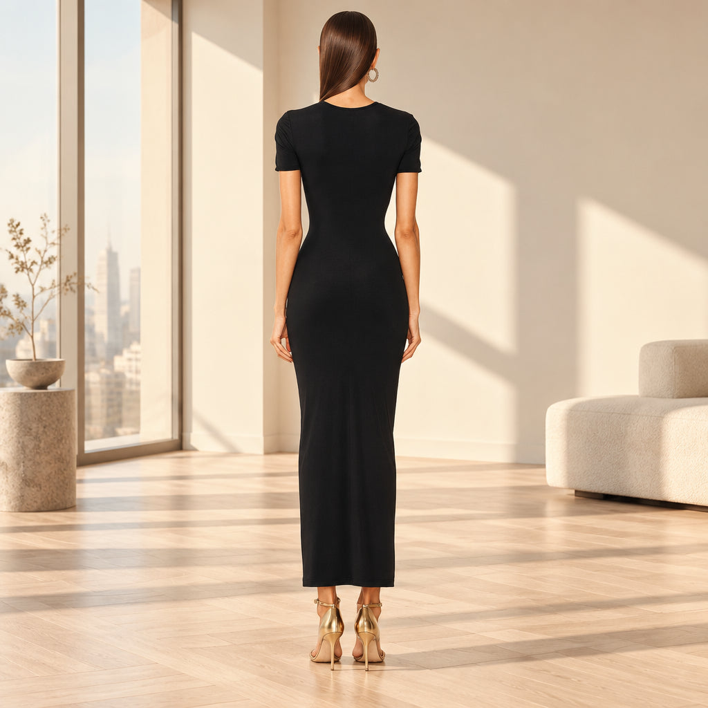 Black Short-Sleeve Maxi Dress with Zipper Detail | Hallebeauty