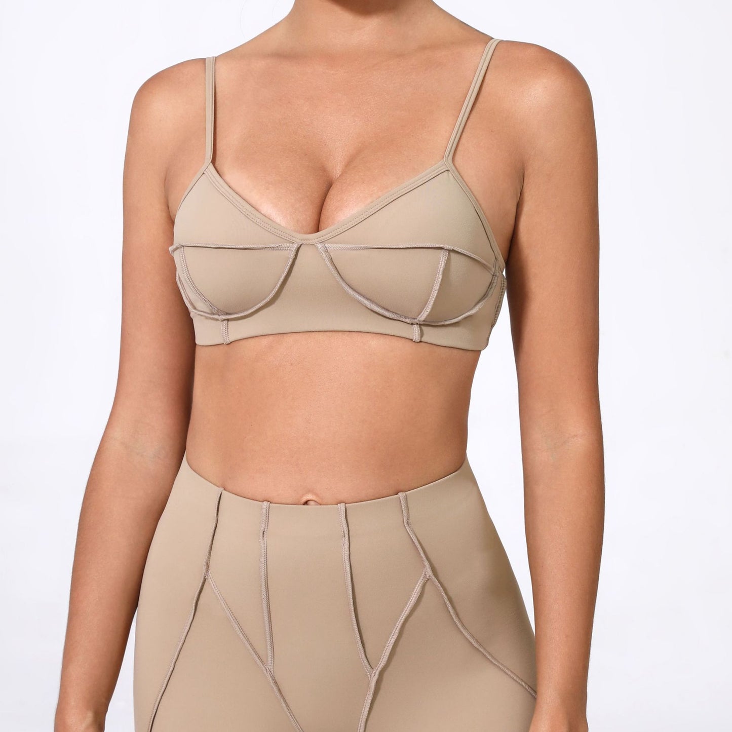 Women's brushed yoga bra in brown – front view