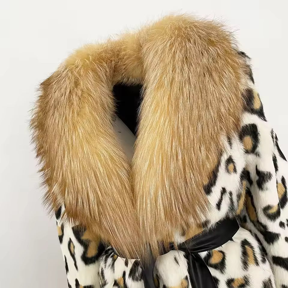 Leopard print coat with fur.
