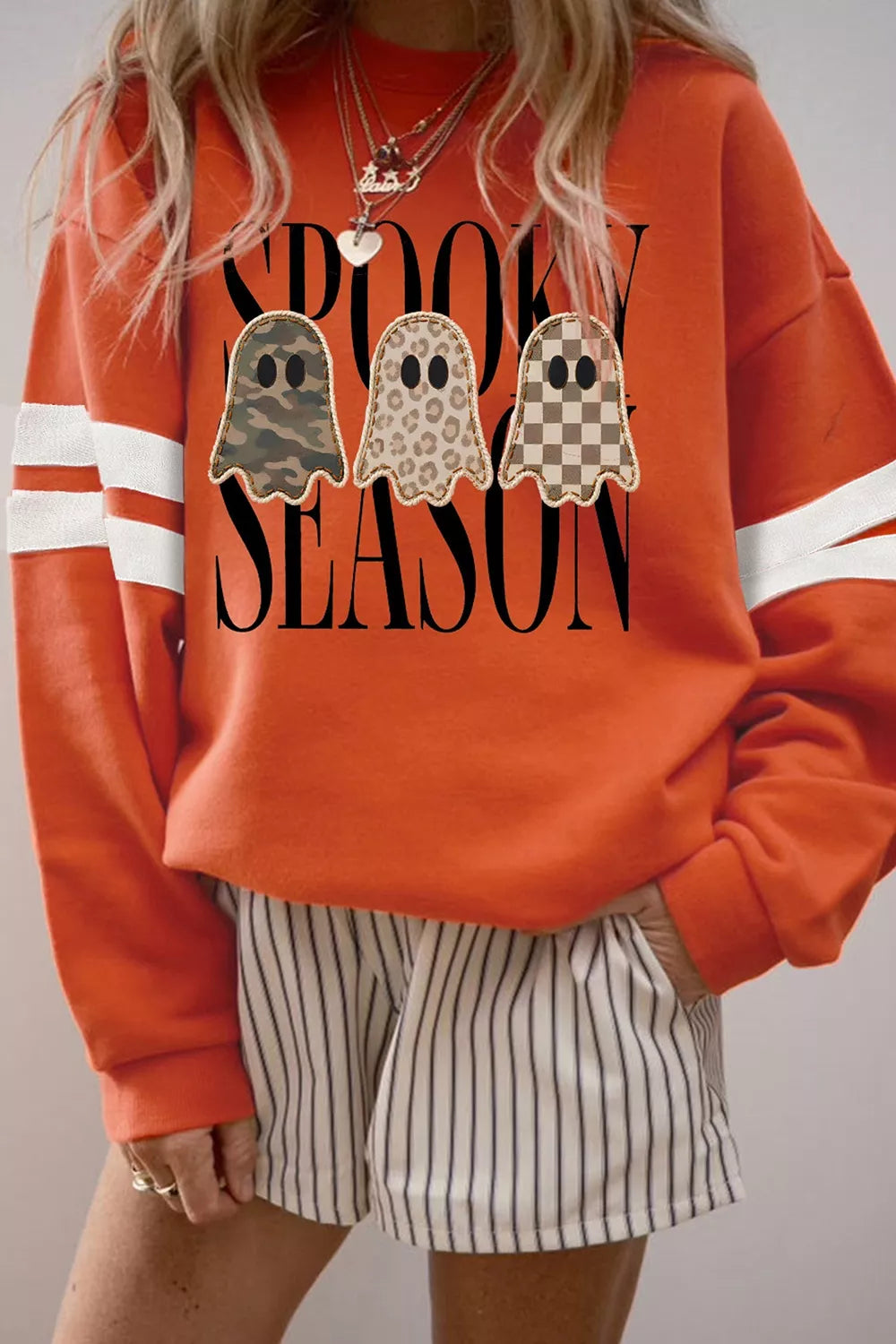 Spooky Season Ghost Striped Sleeve Sweatshirt | Hallebeauty