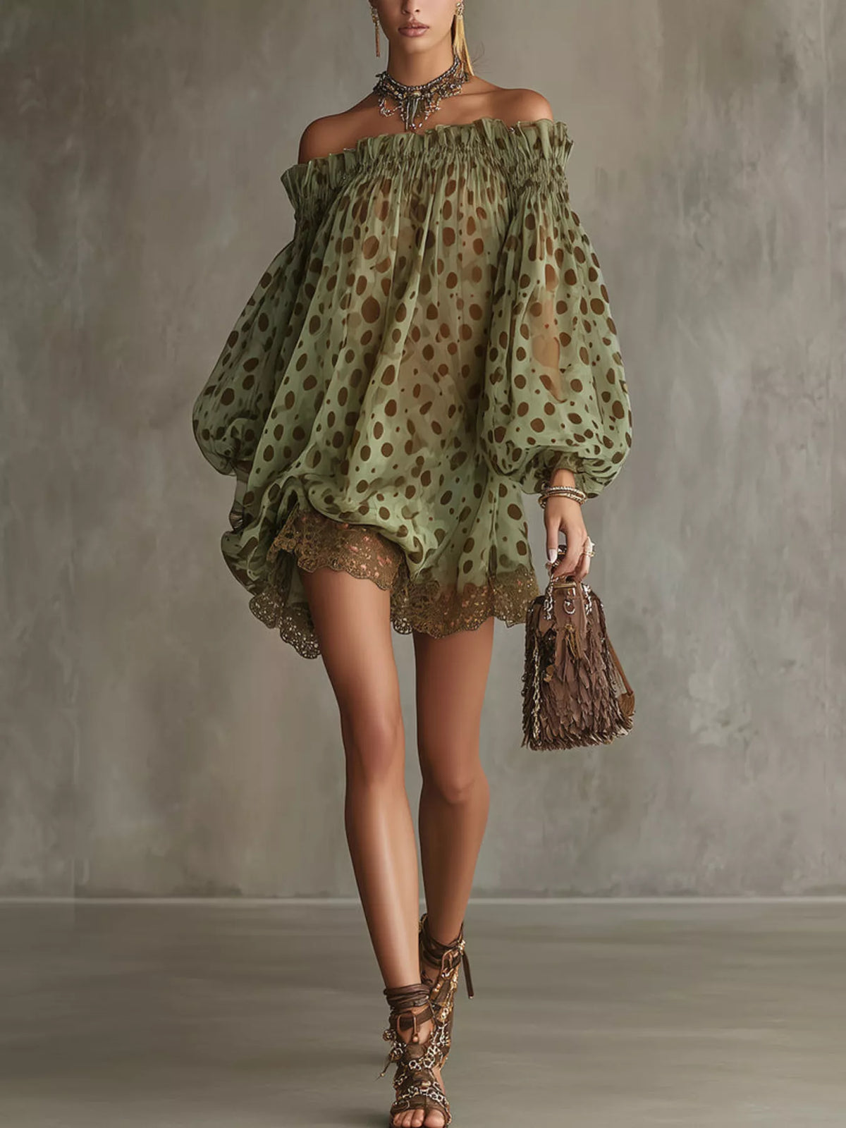Off-Shoulder Polka Dot Sheer Mini Dress | Hallebeauty