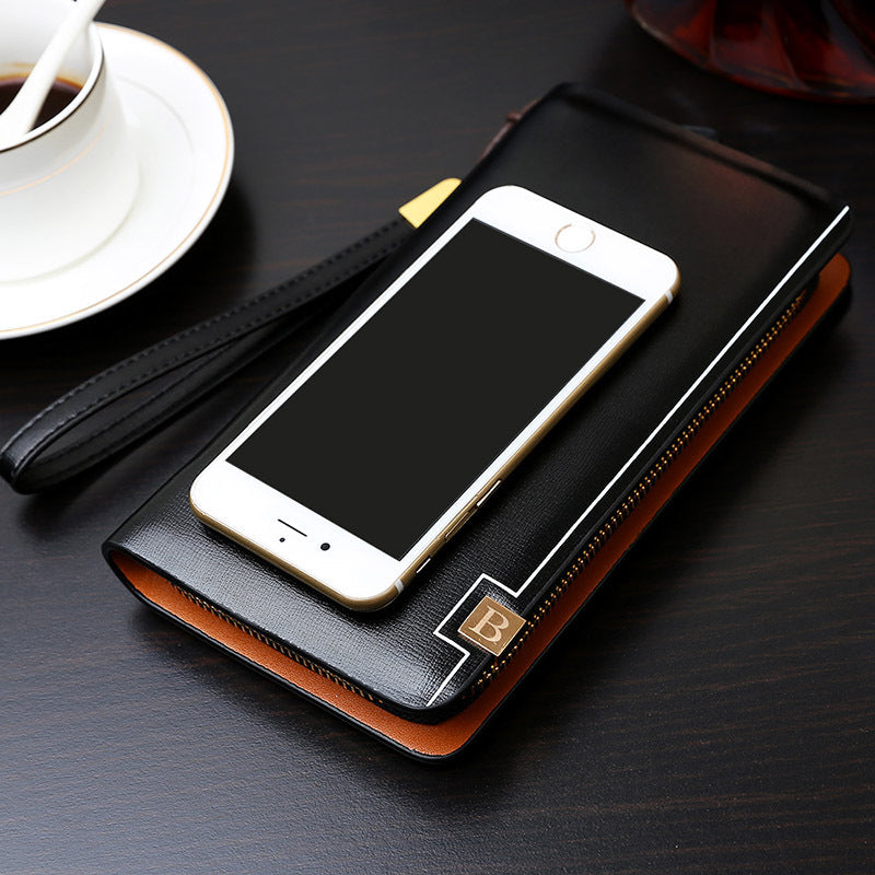 Multifunctional Men's Long Wallet with Single Zipper