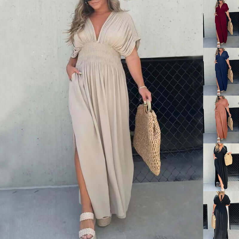 Summer Bat-Sleeved V-Neck Slit Dress