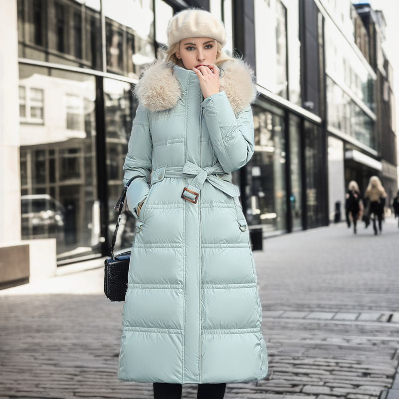 Winter Slim Long Jacket | Fur Hooded Belted Coat for Women