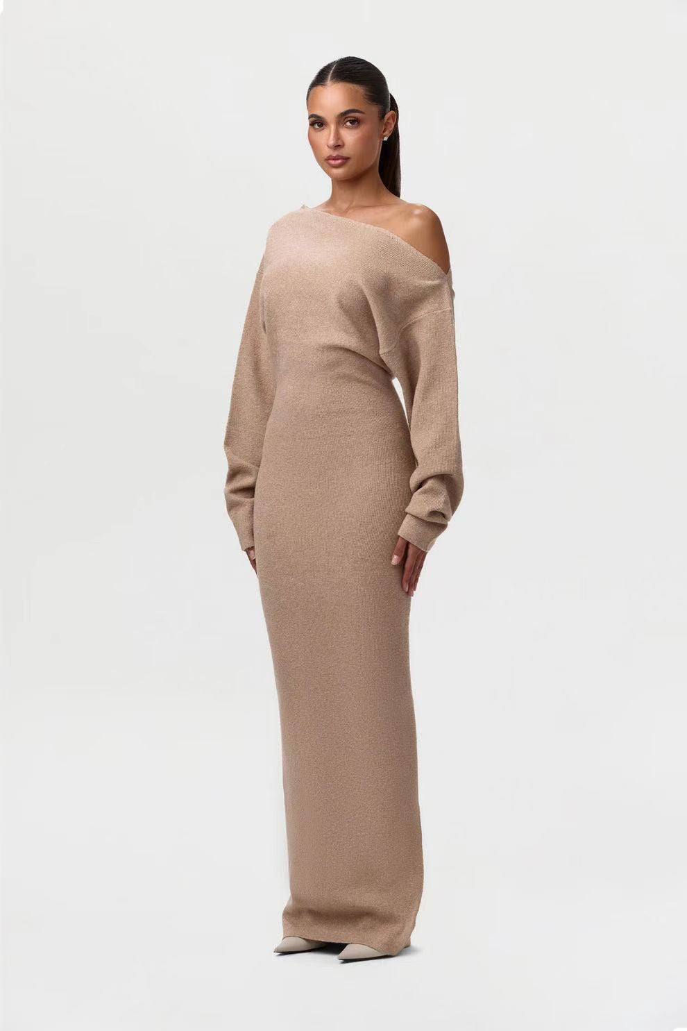 Off-Shoulder Long-Sleeve Bodycon Dress | Hallebeauty