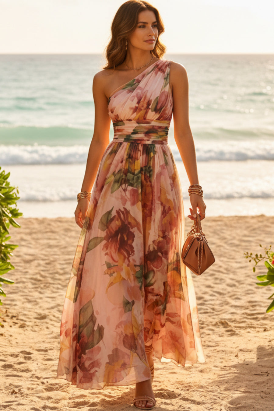 Floral One Shoulder Beach Maxi Dress | Hallebeauty