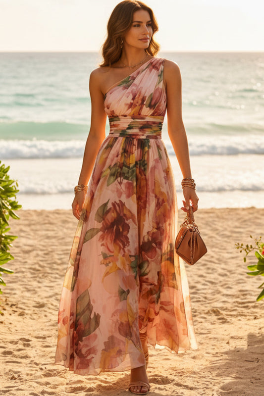 Floral One Shoulder Beach Maxi Dress | Hallebeauty