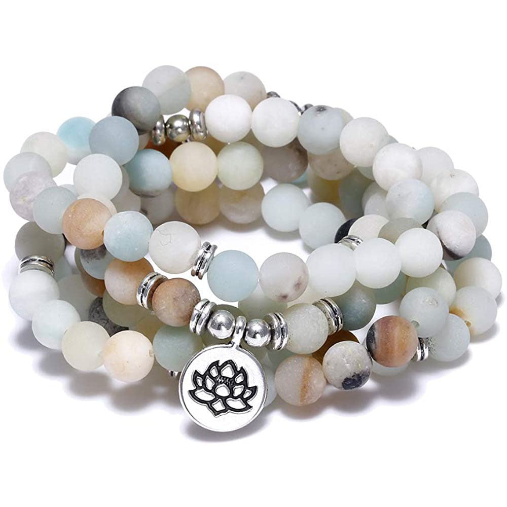 Tiger Eye Stone 108 Bead Necklace & Lotus Charm Bracelet | Natural Energy Set