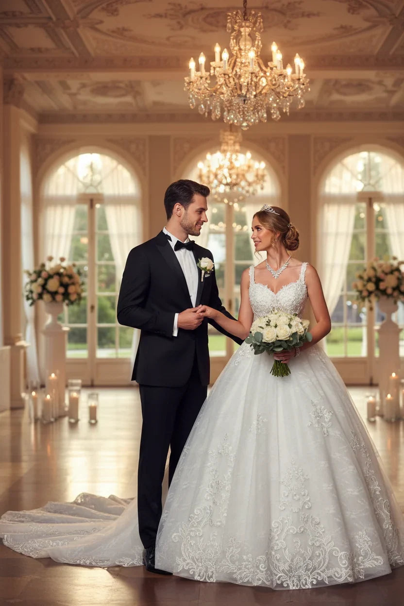 A bride in a white lace wedding gown holding hands with a groom in a black tuxedo inside a grand ballroom with chandeliers and tall windows.